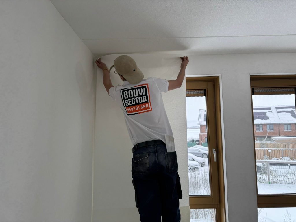 Behanger van Bouwsector Nederland zet een baan renovlies strak tegen het plafond van een nieuwe woning